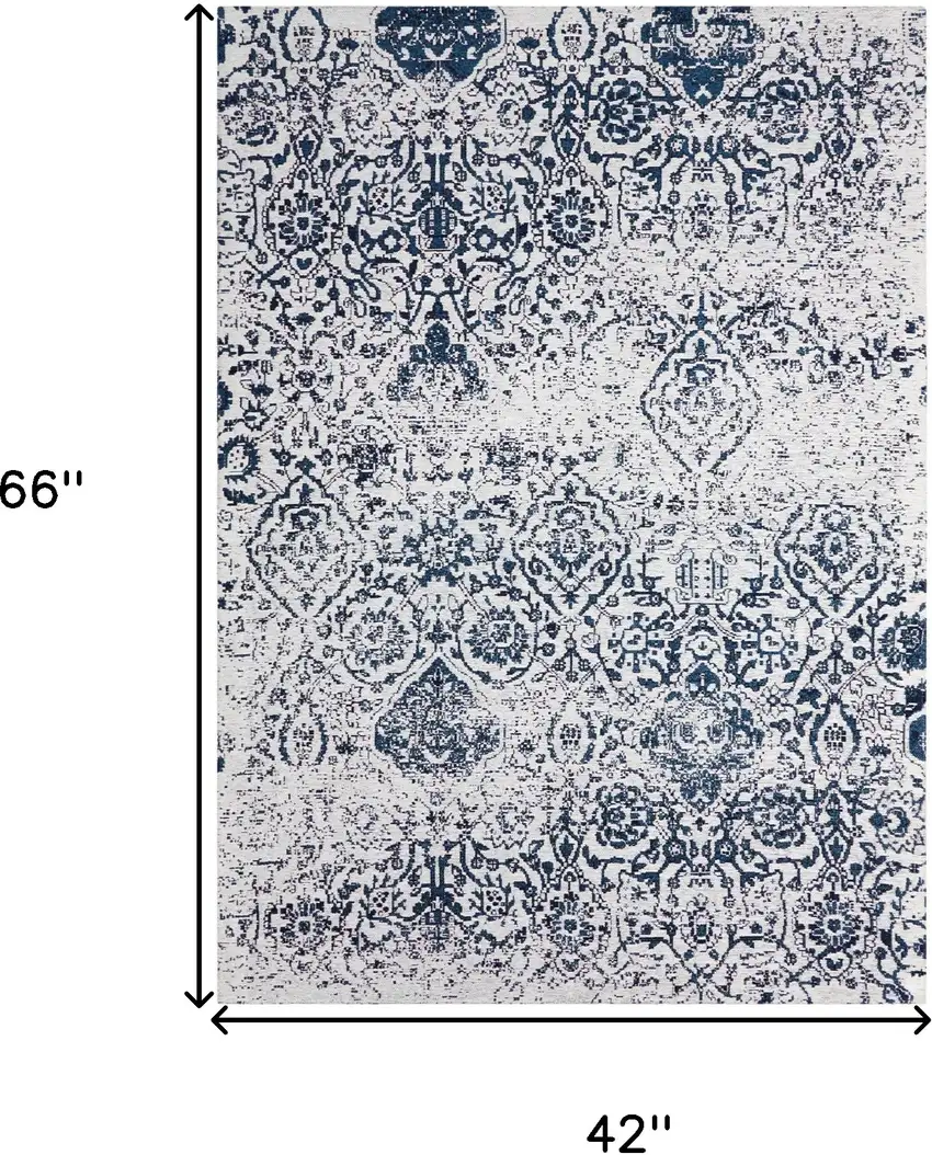 Navy Blue and Ivory Damask Distressed Area Rug Photo 3
