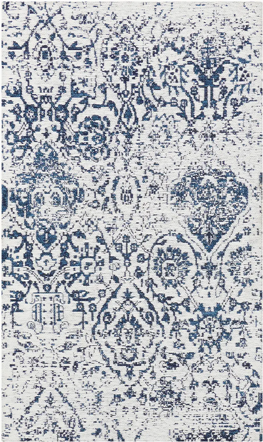 Navy Blue and Ivory Damask Distressed Area Rug Photo 2
