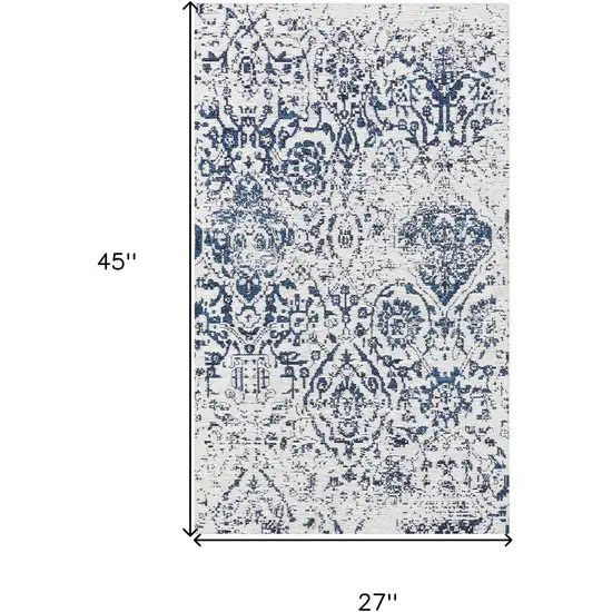 Navy Blue and Ivory Damask Distressed Area Rug Photo 3
