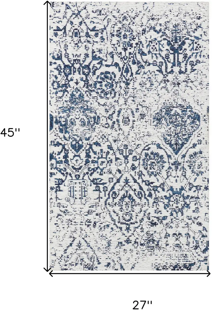 Navy Blue and Ivory Damask Distressed Area Rug Photo 3