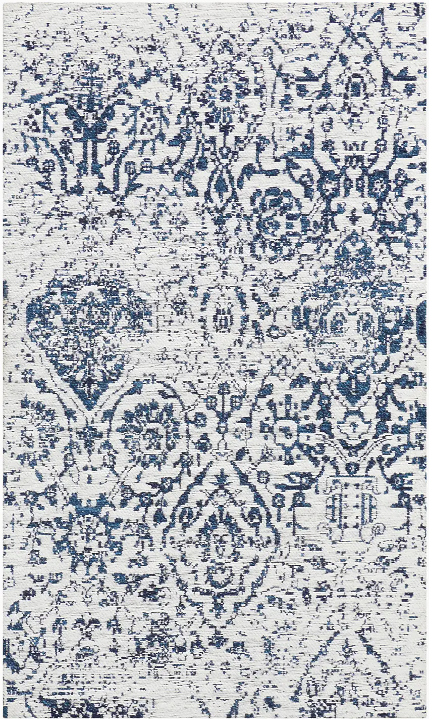 Navy Blue and Ivory Damask Distressed Area Rug Photo 4
