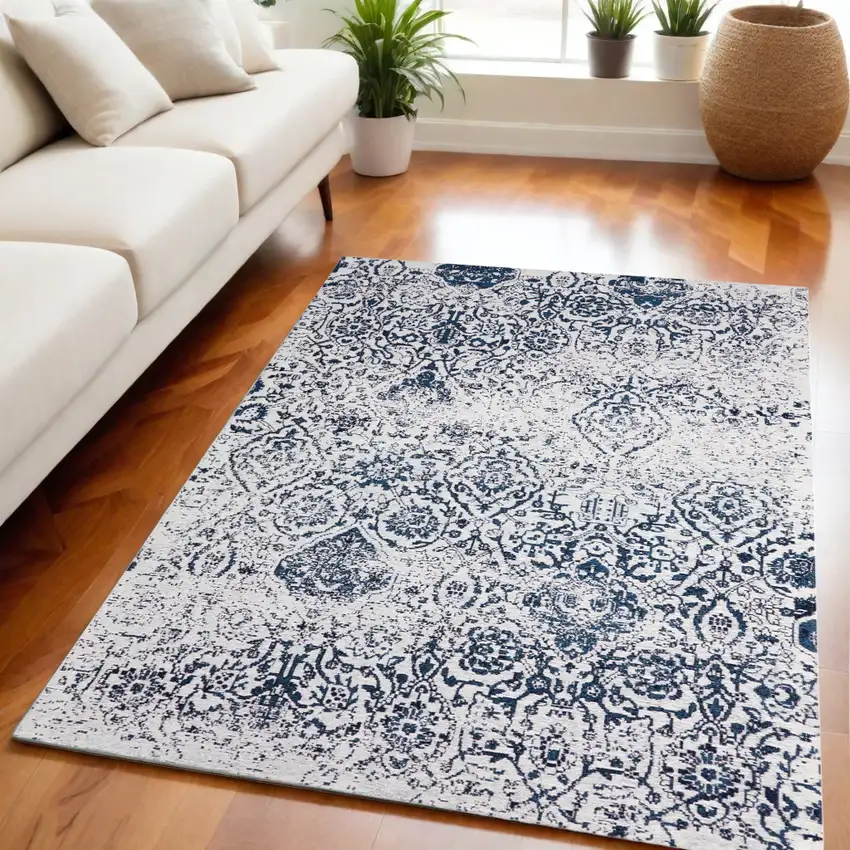 Navy Blue and Ivory Damask Distressed Area Rug Photo 1