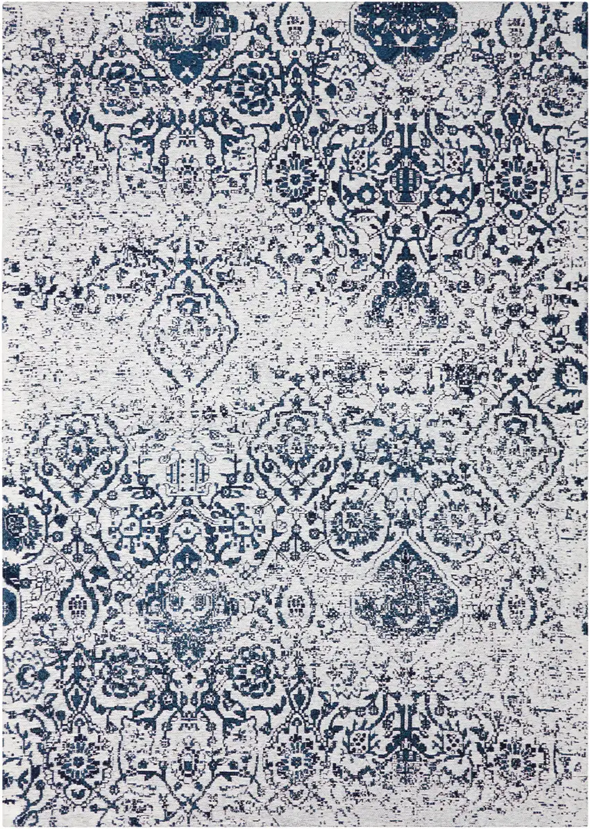 Navy Blue and Ivory Damask Distressed Area Rug Photo 5
