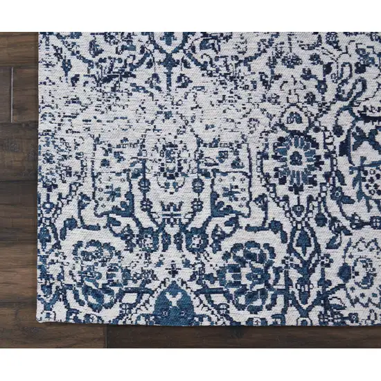 Navy Blue and Ivory Damask Distressed Area Rug Photo 6