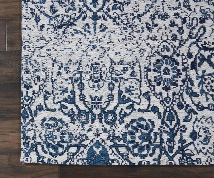 Navy Blue and Ivory Damask Distressed Area Rug Photo 6