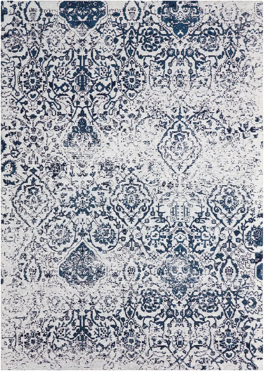Navy Blue and Ivory Damask Distressed Area Rug Photo 2