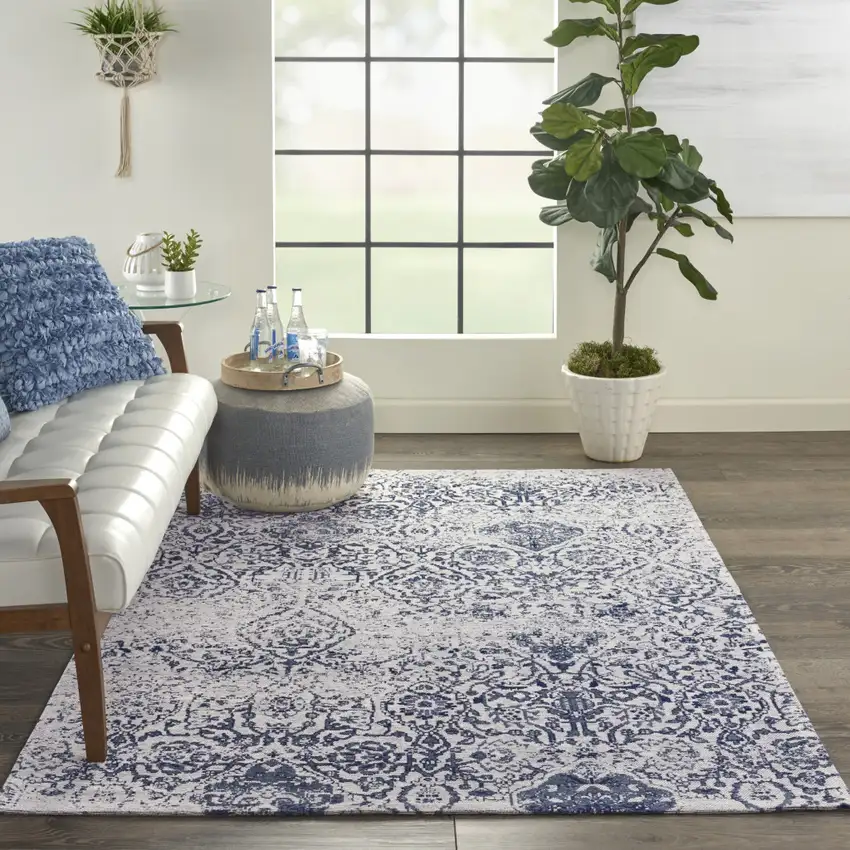 Navy Blue and Ivory Damask Distressed Area Rug Photo 9