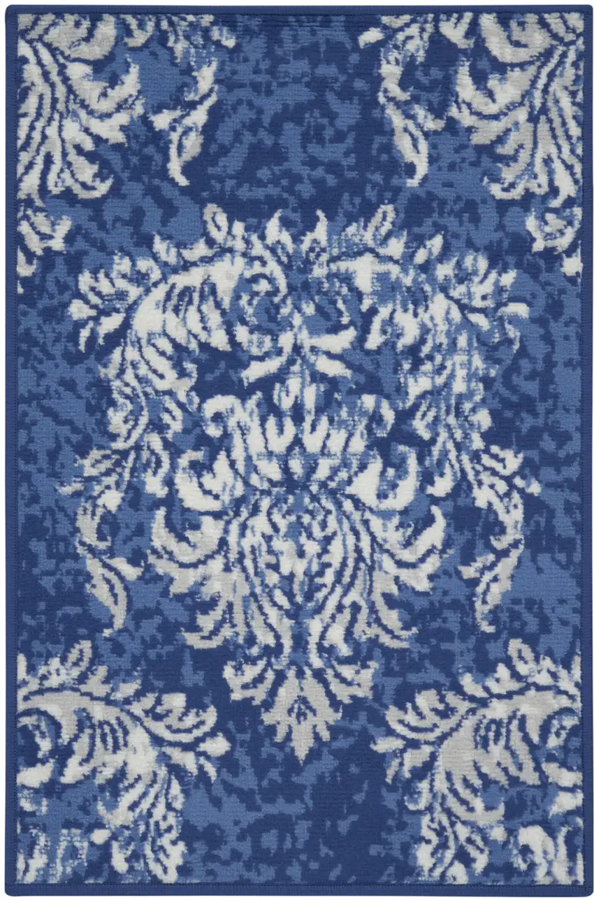 Navy Blue and Ivory Damask Distressed Area Rug Photo 2