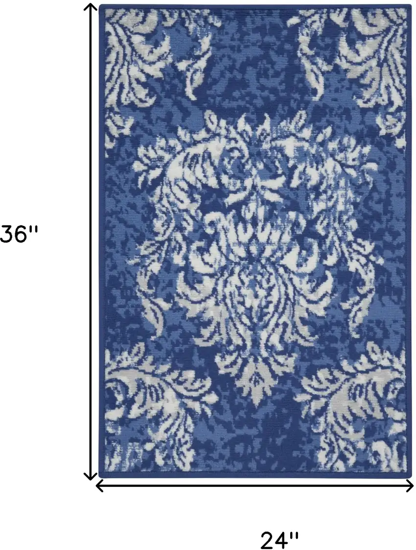 Navy Blue and Ivory Damask Distressed Area Rug Photo 3