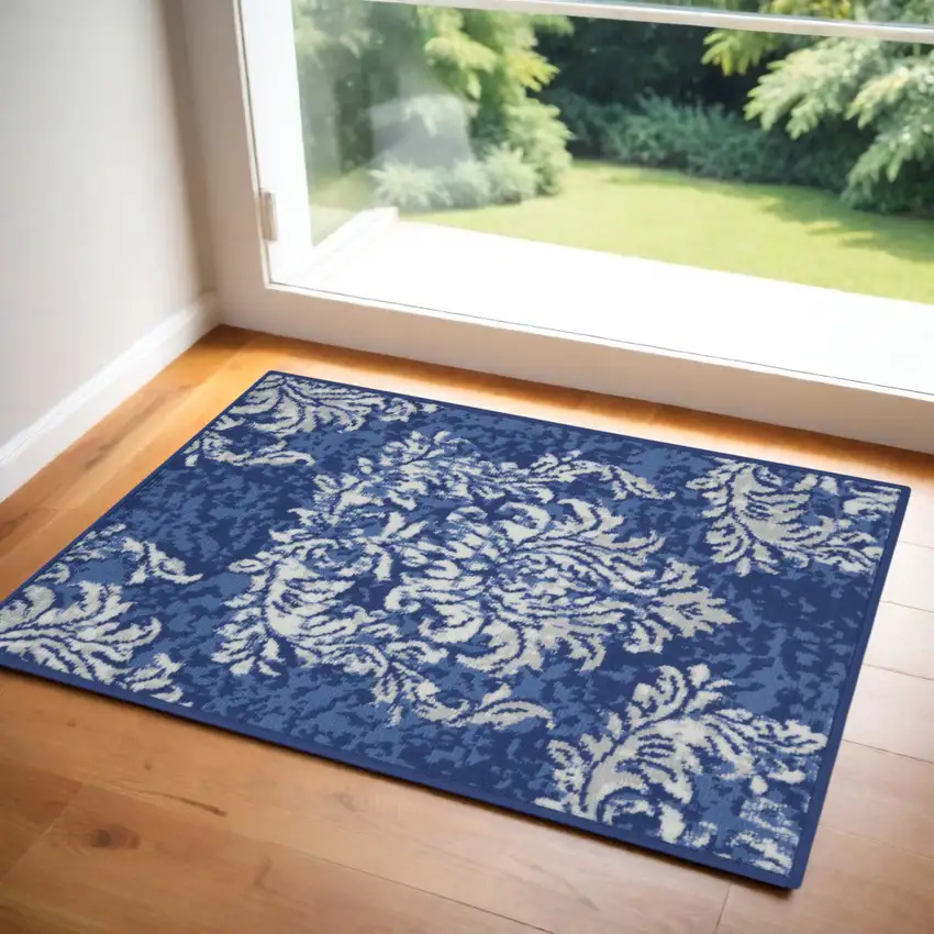Navy Blue and Ivory Damask Distressed Area Rug Photo 1