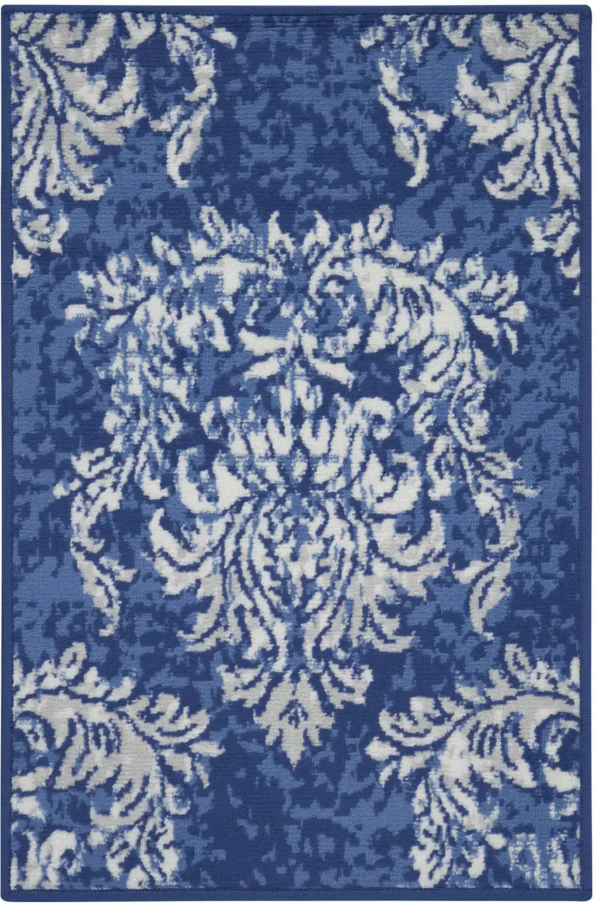 Navy Blue and Ivory Damask Distressed Area Rug Photo 5
