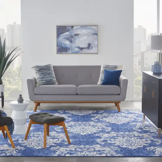 Navy Blue and Ivory Damask Distressed Non Skid Area Rug Photo 6