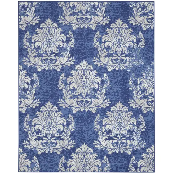 Navy Blue and Ivory Damask Distressed Non Skid Area Rug Photo 9