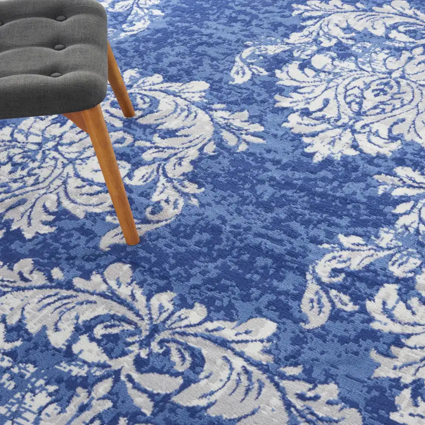 Navy Blue and Ivory Damask Distressed Non Skid Area Rug Photo 8
