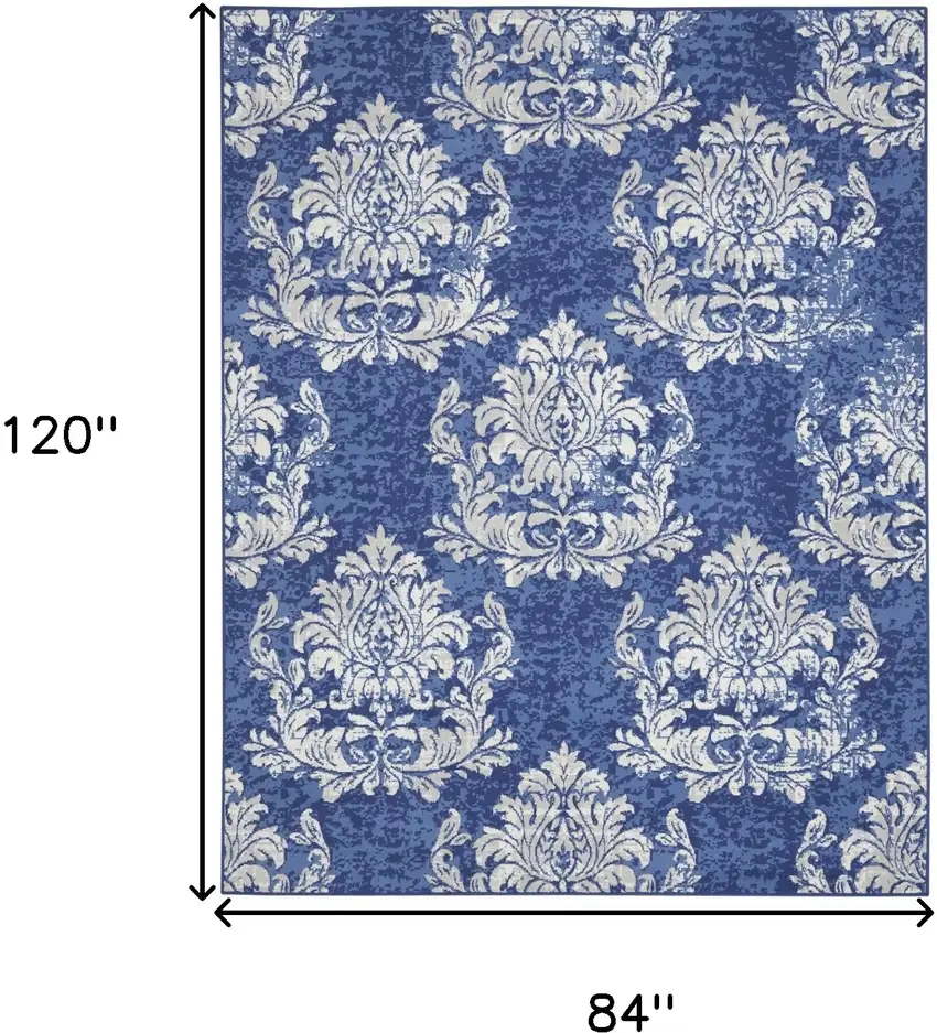 Navy Blue and Ivory Damask Distressed Non Skid Area Rug Photo 3