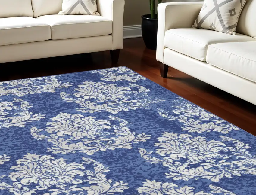 Navy Blue and Ivory Damask Distressed Non Skid Area Rug Photo 1