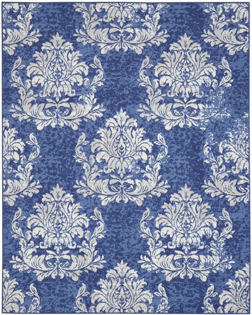 Navy Blue and Ivory Damask Distressed Non Skid Area Rug Photo 2