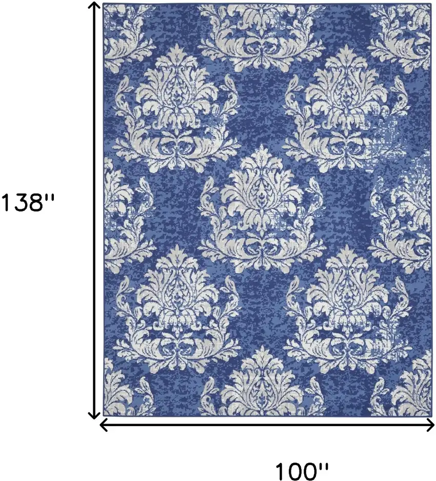 Navy Blue and Ivory Damask Distressed Non Skid Area Rug Photo 3