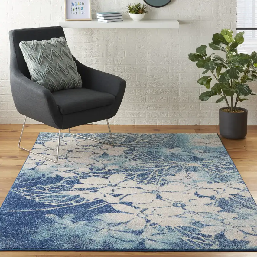 Navy Blue and Ivory Floral Area Rug Photo 4
