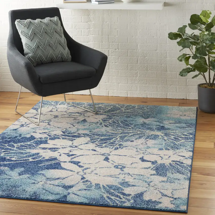Navy Blue and Ivory Floral Area Rug Photo 5