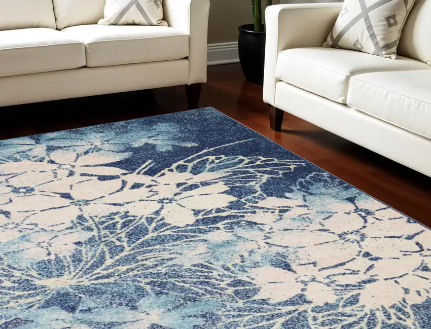 Navy Blue and Ivory Floral Area Rug Photo 1