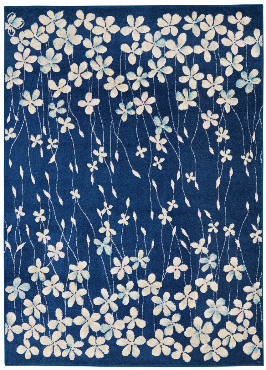 Navy Blue and Ivory Floral Area Rug Photo 9