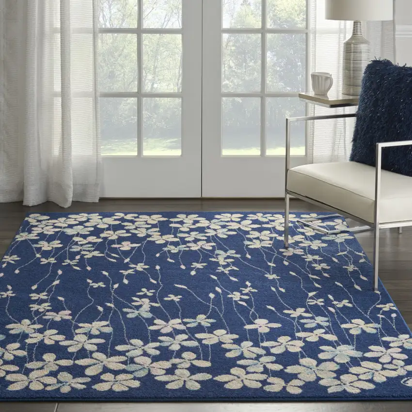 Navy Blue and Ivory Floral Area Rug Photo 3