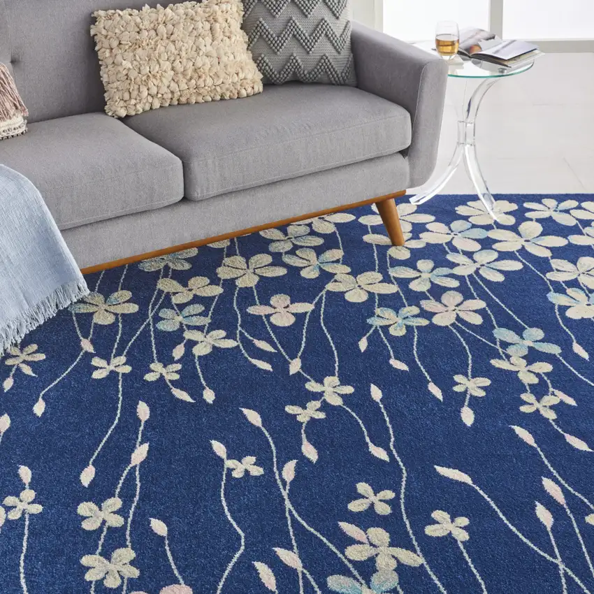 Navy Blue and Ivory Floral Area Rug Photo 4
