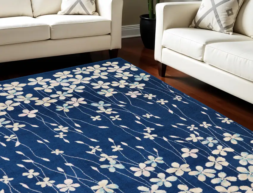 Navy Blue and Ivory Floral Area Rug Photo 1