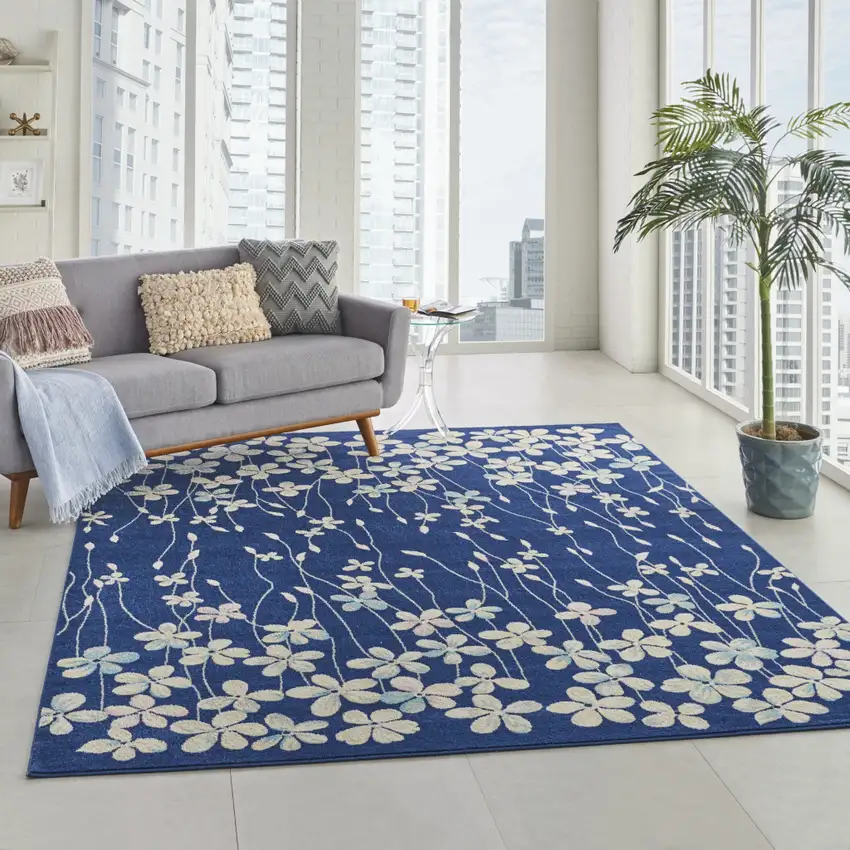 Navy Blue and Ivory Floral Area Rug Photo 5