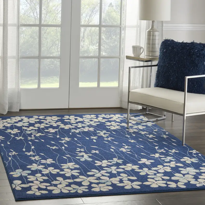 Navy Blue and Ivory Floral Area Rug Photo 7