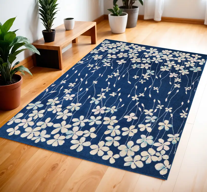 Navy Blue and Ivory Floral Area Rug Photo 1