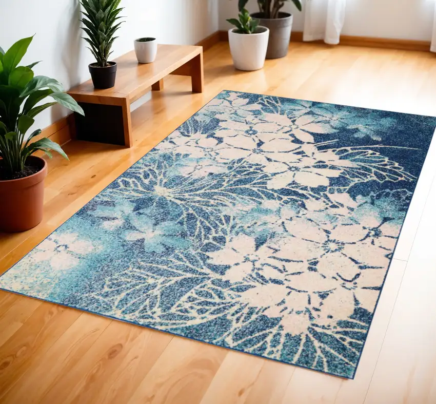 Navy Blue and Ivory Floral Area Rug Photo 1