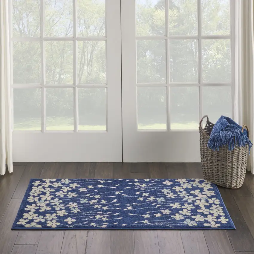 Navy Blue and Ivory Floral Area Rug Photo 3
