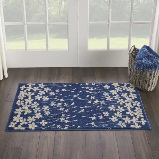 Navy Blue and Ivory Floral Area Rug Photo 4
