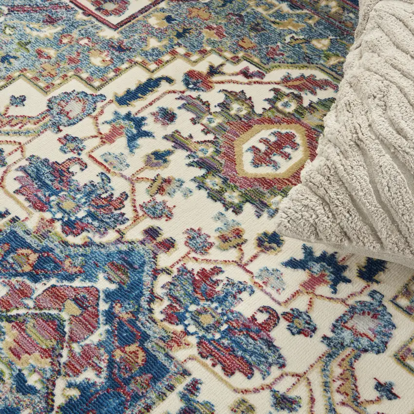 Navy Blue and Ivory Floral Medallion Distressed Non Skid Area Rug Photo 7