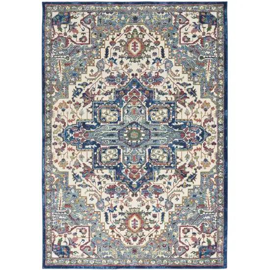 Navy Blue and Ivory Floral Medallion Distressed Non Skid Area Rug Photo 1