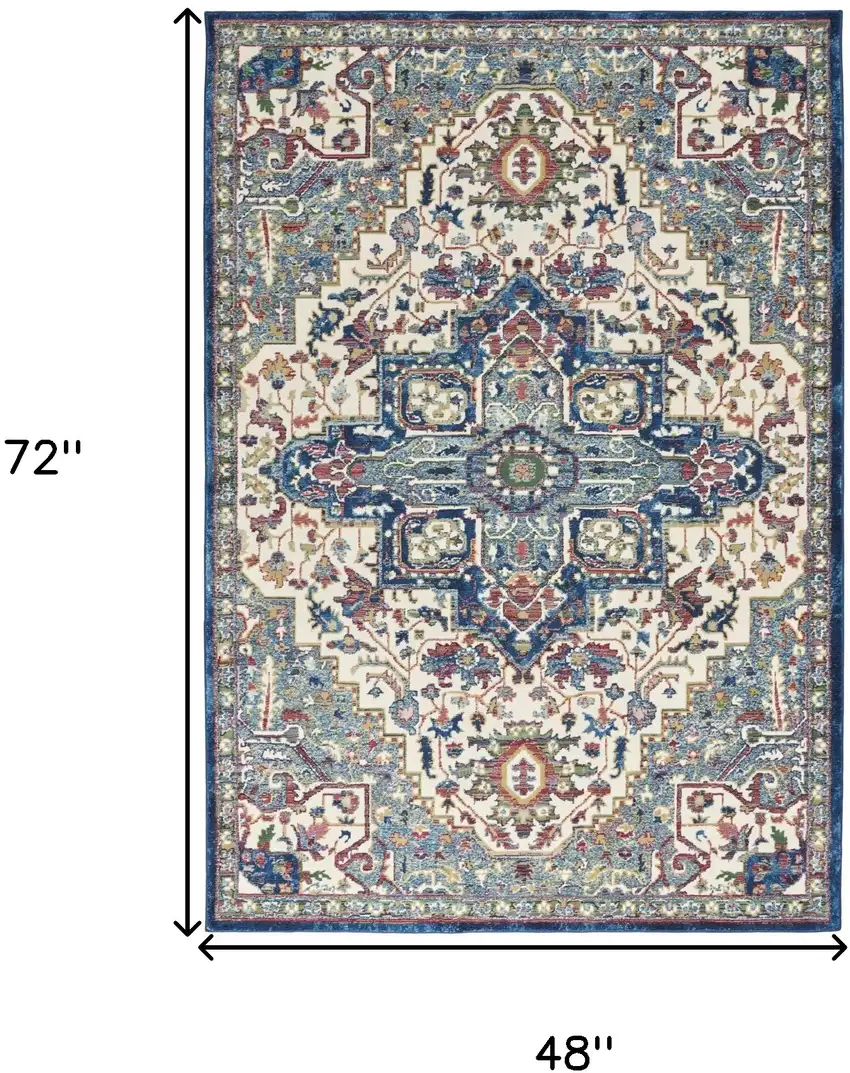 Navy Blue and Ivory Floral Medallion Distressed Non Skid Area Rug Photo 3