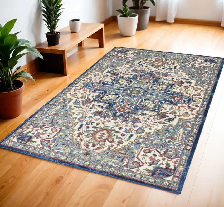 Navy Blue and Ivory Floral Medallion Distressed Non Skid Area Rug Photo 1