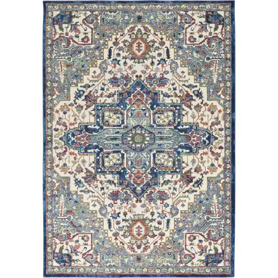 Navy Blue and Ivory Floral Medallion Distressed Non Skid Area Rug Photo 2