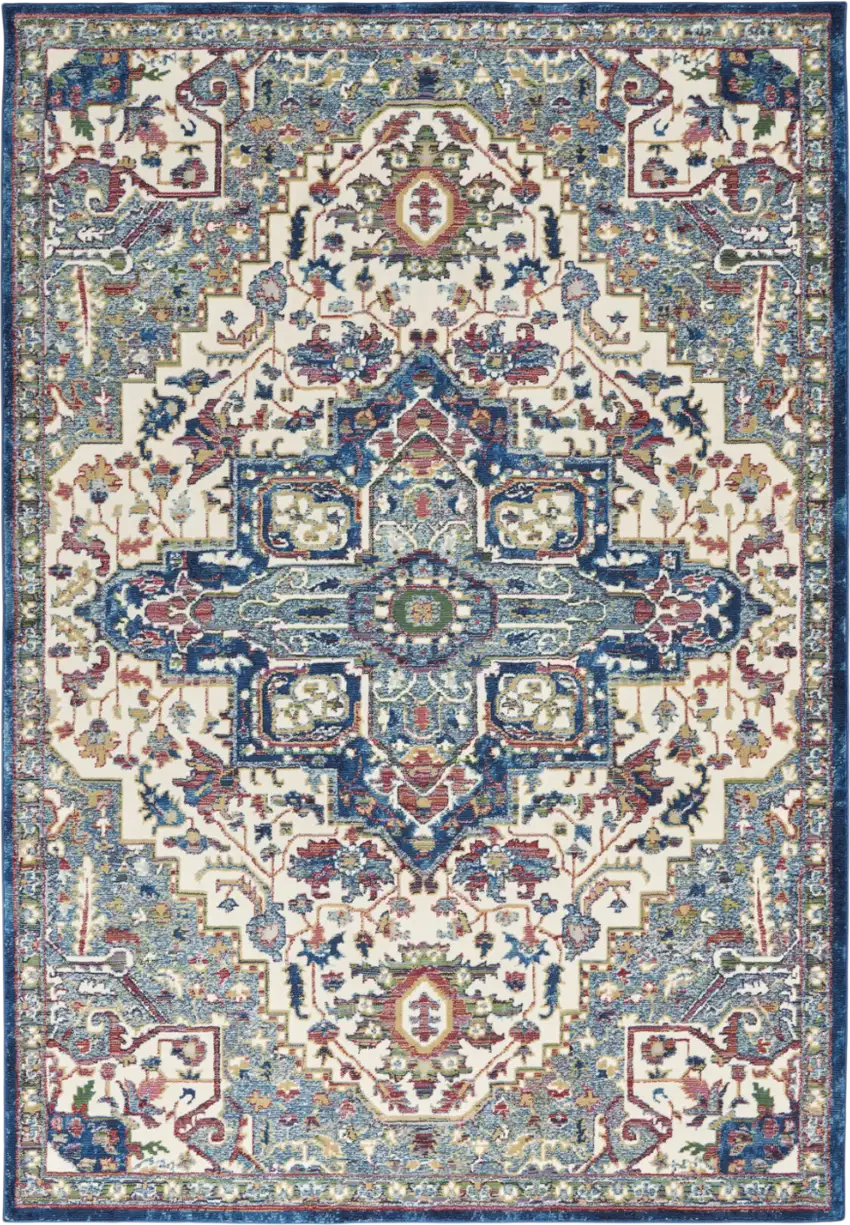 Navy Blue and Ivory Floral Medallion Distressed Non Skid Area Rug Photo 2