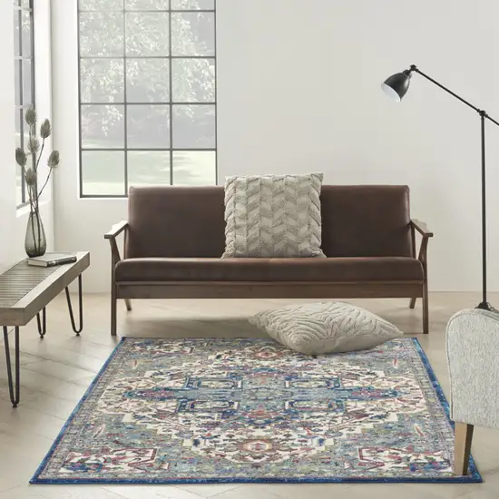 Navy Blue and Ivory Floral Medallion Distressed Non Skid Area Rug Photo 5