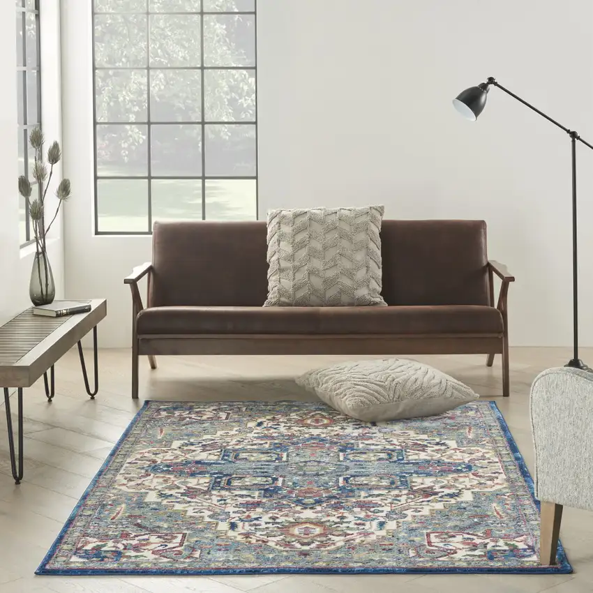 Navy Blue and Ivory Floral Medallion Distressed Non Skid Area Rug Photo 5