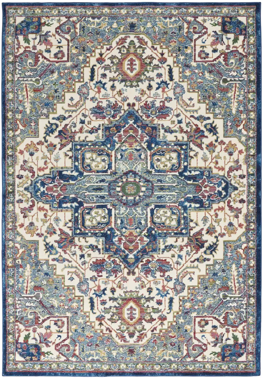 Navy Blue and Ivory Floral Medallion Distressed Non Skid Area Rug Photo 2