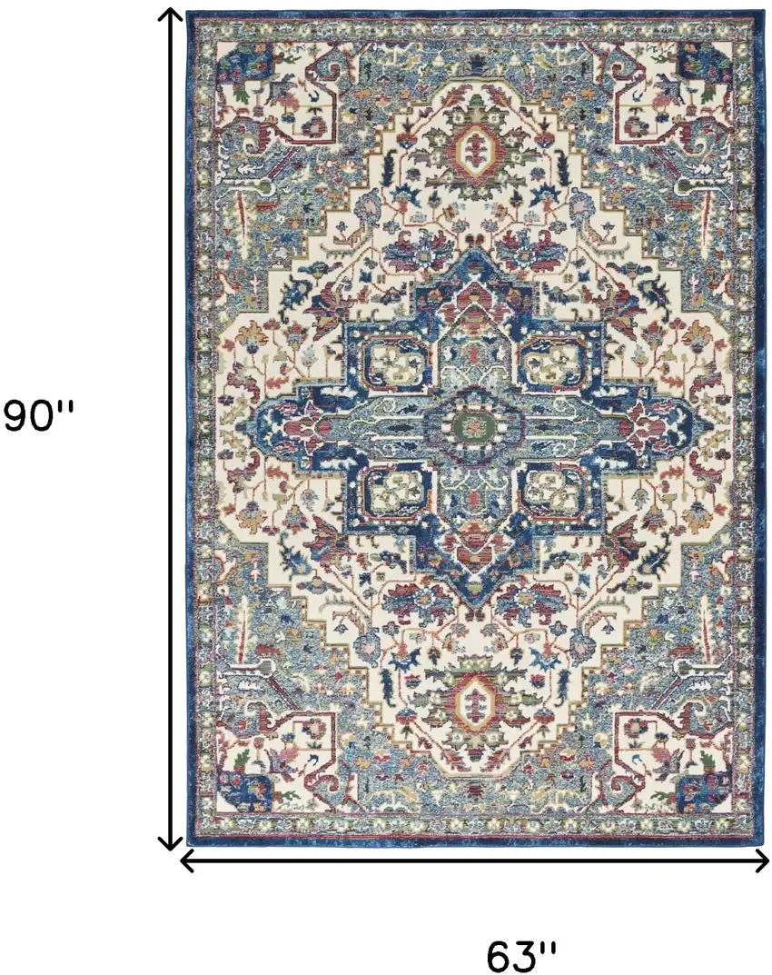 Navy Blue and Ivory Floral Medallion Distressed Non Skid Area Rug Photo 3