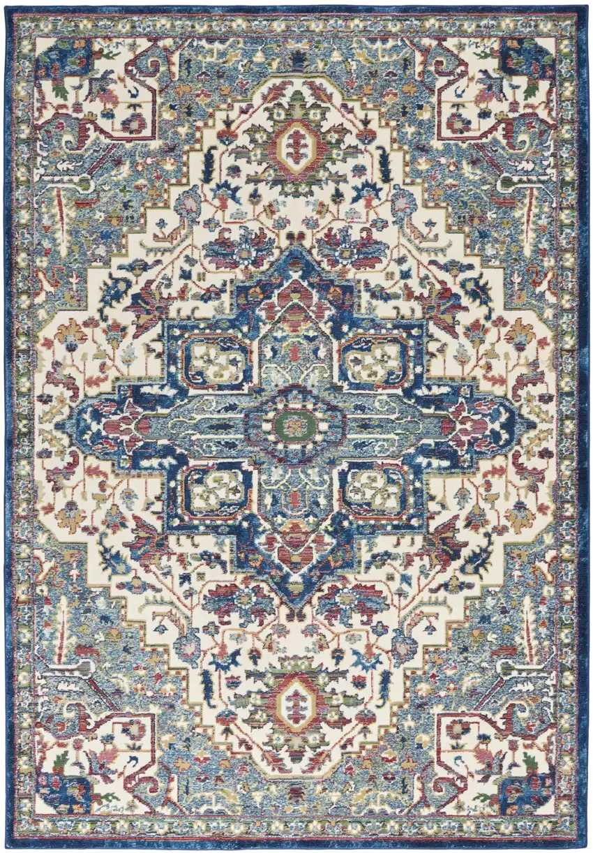 Navy Blue and Ivory Floral Medallion Distressed Non Skid Area Rug Photo 1