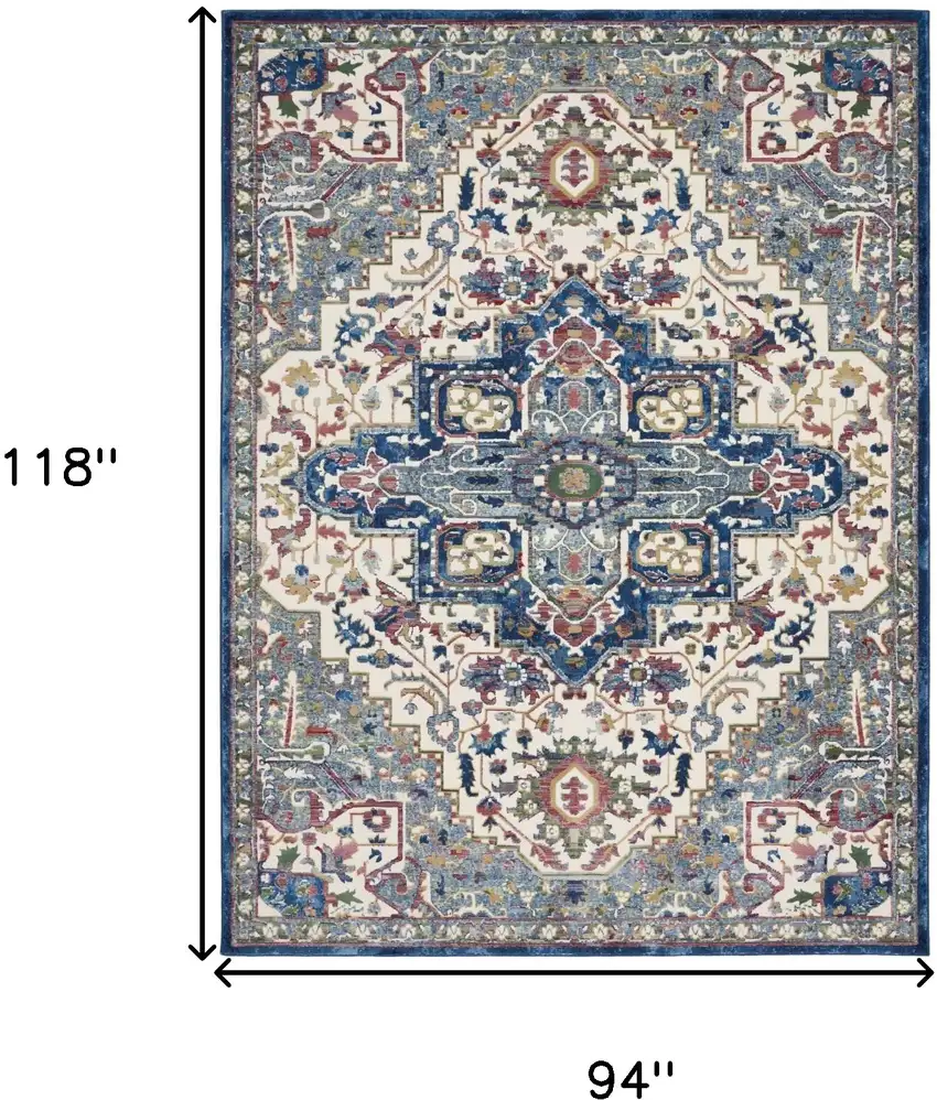 Navy Blue and Ivory Floral Medallion Distressed Non Skid Area Rug Photo 3