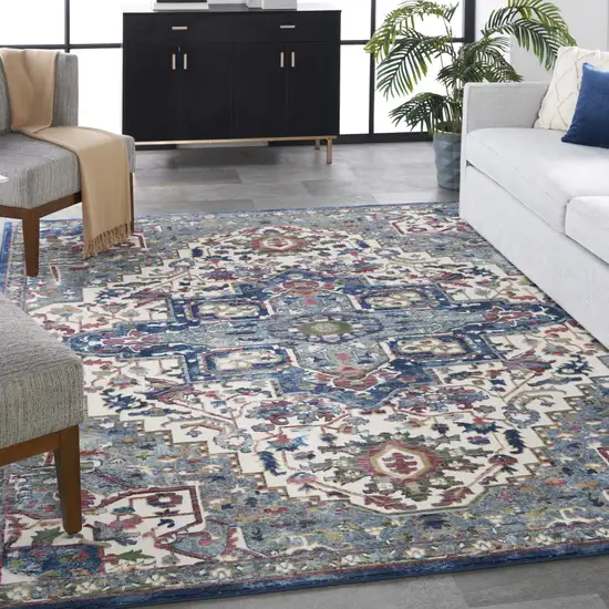 Navy Blue and Ivory Floral Medallion Distressed Non Skid Area Rug Photo 4