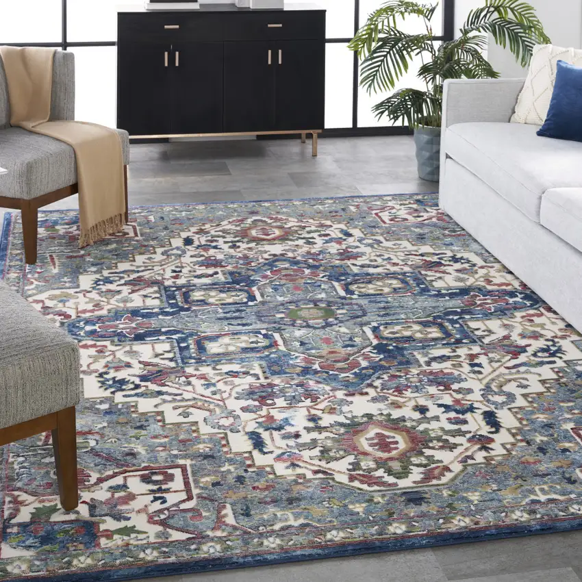 Navy Blue and Ivory Floral Medallion Distressed Non Skid Area Rug Photo 4