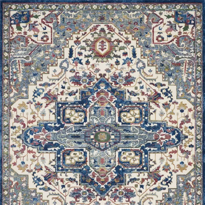 Navy Blue and Ivory Floral Medallion Distressed Non Skid Area Rug Photo 9